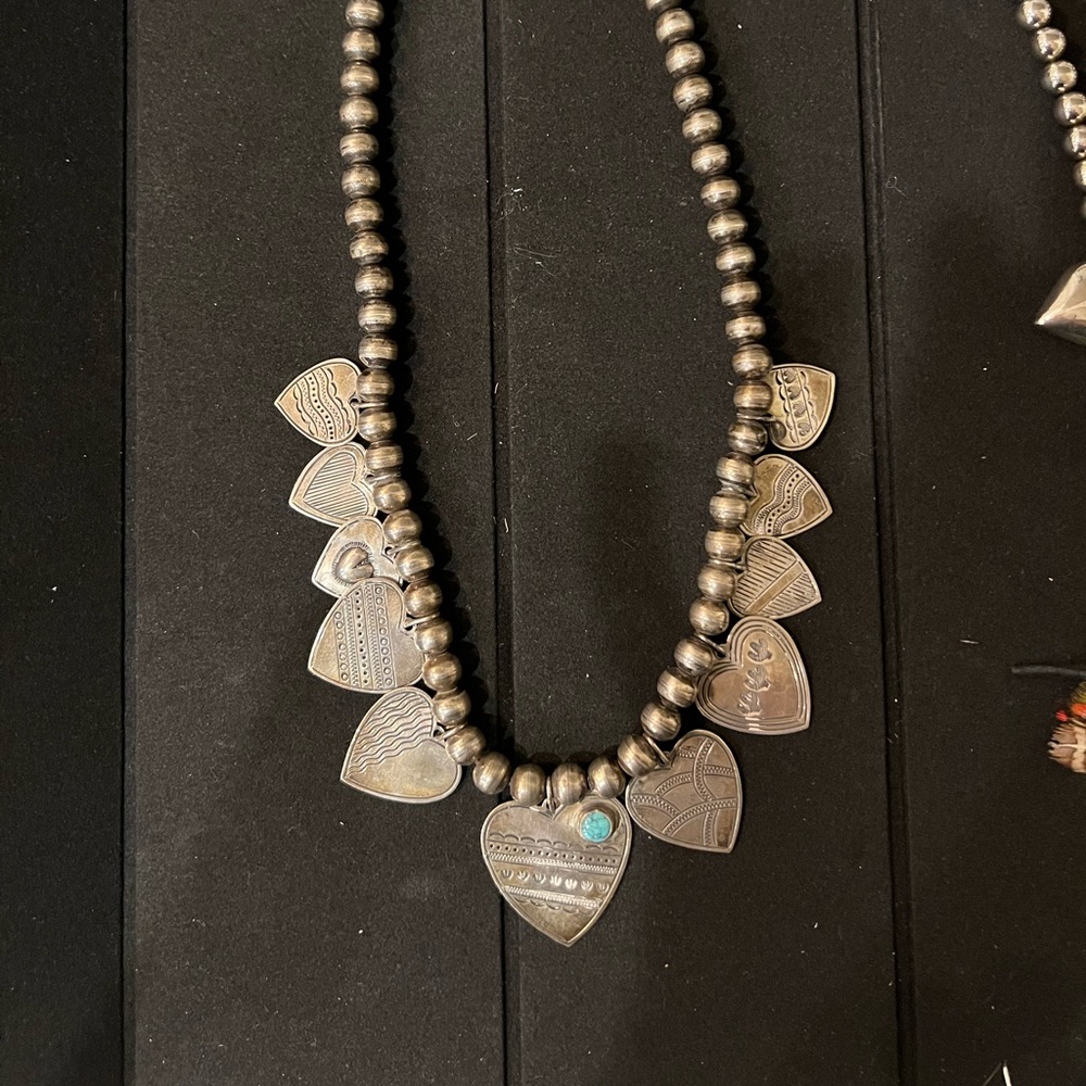 Vintage Don Lucas 11 Hearts  Turquoise & Sterling Silver Necklace